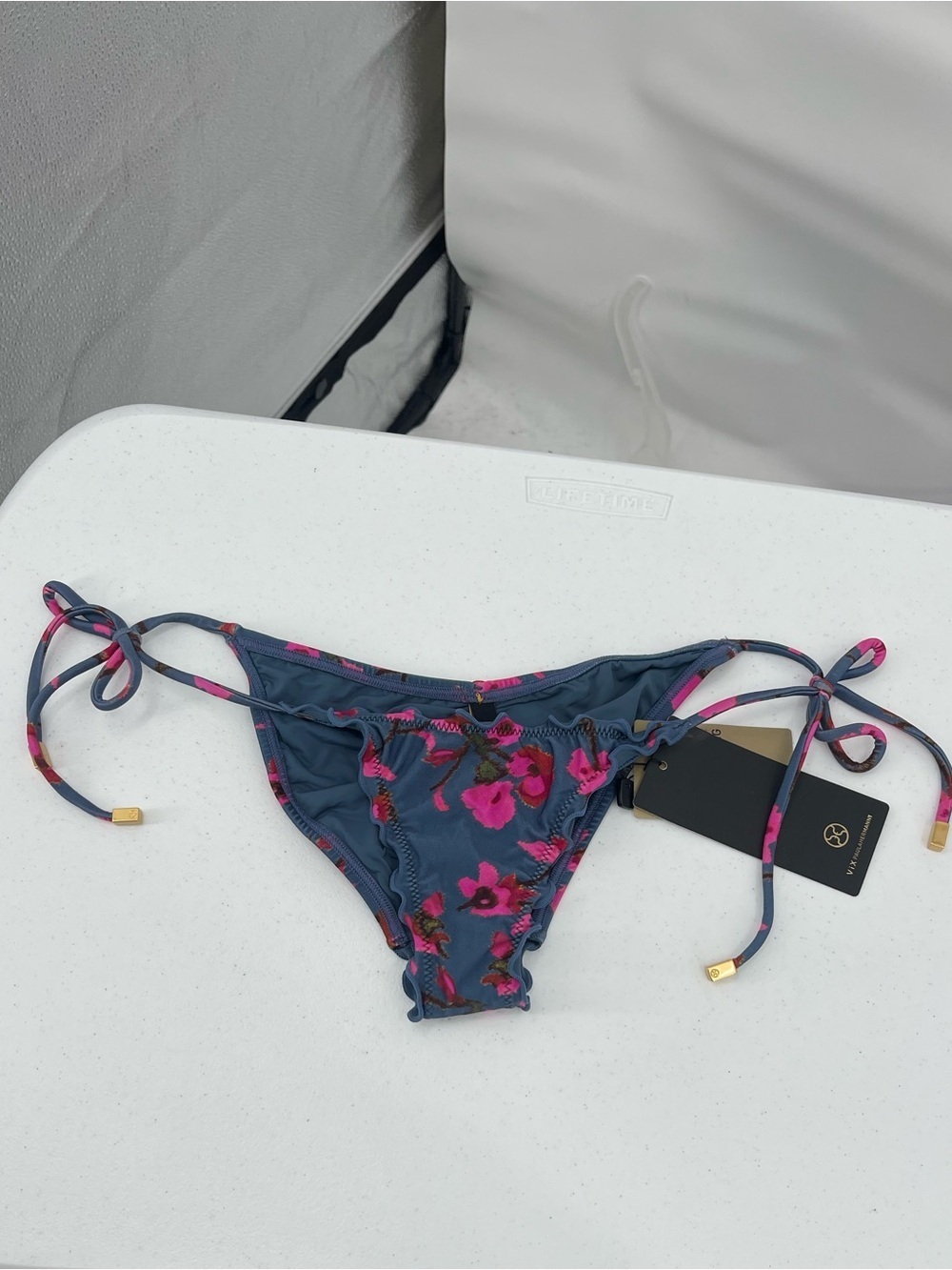 Vix Paula Hermanny NWT floral blue pink tie bikini bottom gold accents